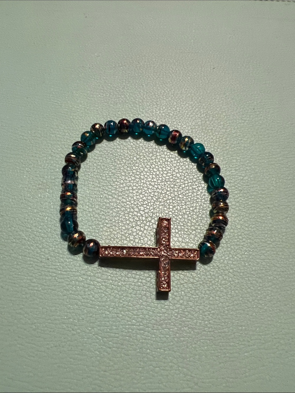 Teal Beaded Stretch Bracelet with Pave Cross